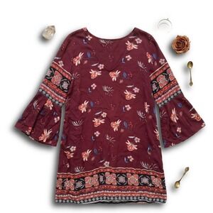 Urban Girl Burgundy Floral Boho Mini Dress Bell Sleeve V-Neck Strappy Back XS